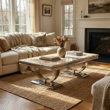 Luxury Orvar 130cm Chrome Coffee Table With Cream/Beige Marble Top And Ring Stand