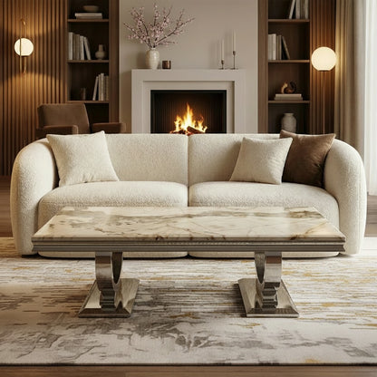 Luxury Orvar 130cm Chrome Coffee Table With Cream/Beige Marble Top And Ring Stand