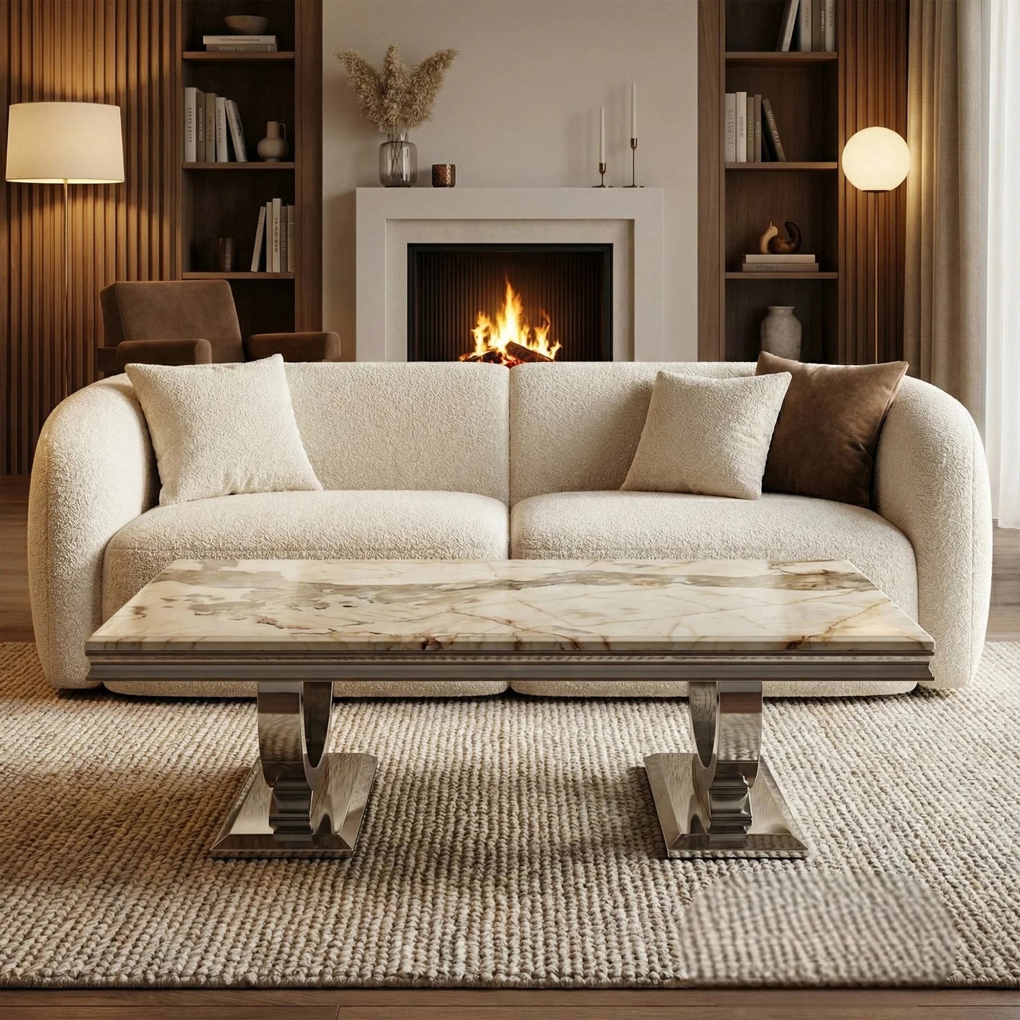 Luxury Orvar 130cm Chrome Coffee Table With Cream/Beige Marble Top And Ring Stand