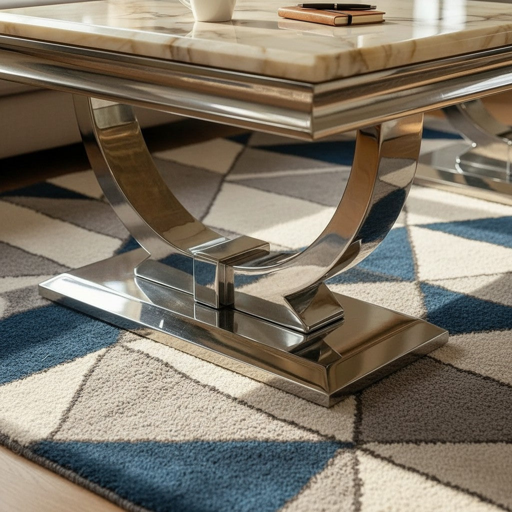 Luxury Orvar 130cm Chrome Coffee Table With Cream/Beige Marble Top And Ring Stand