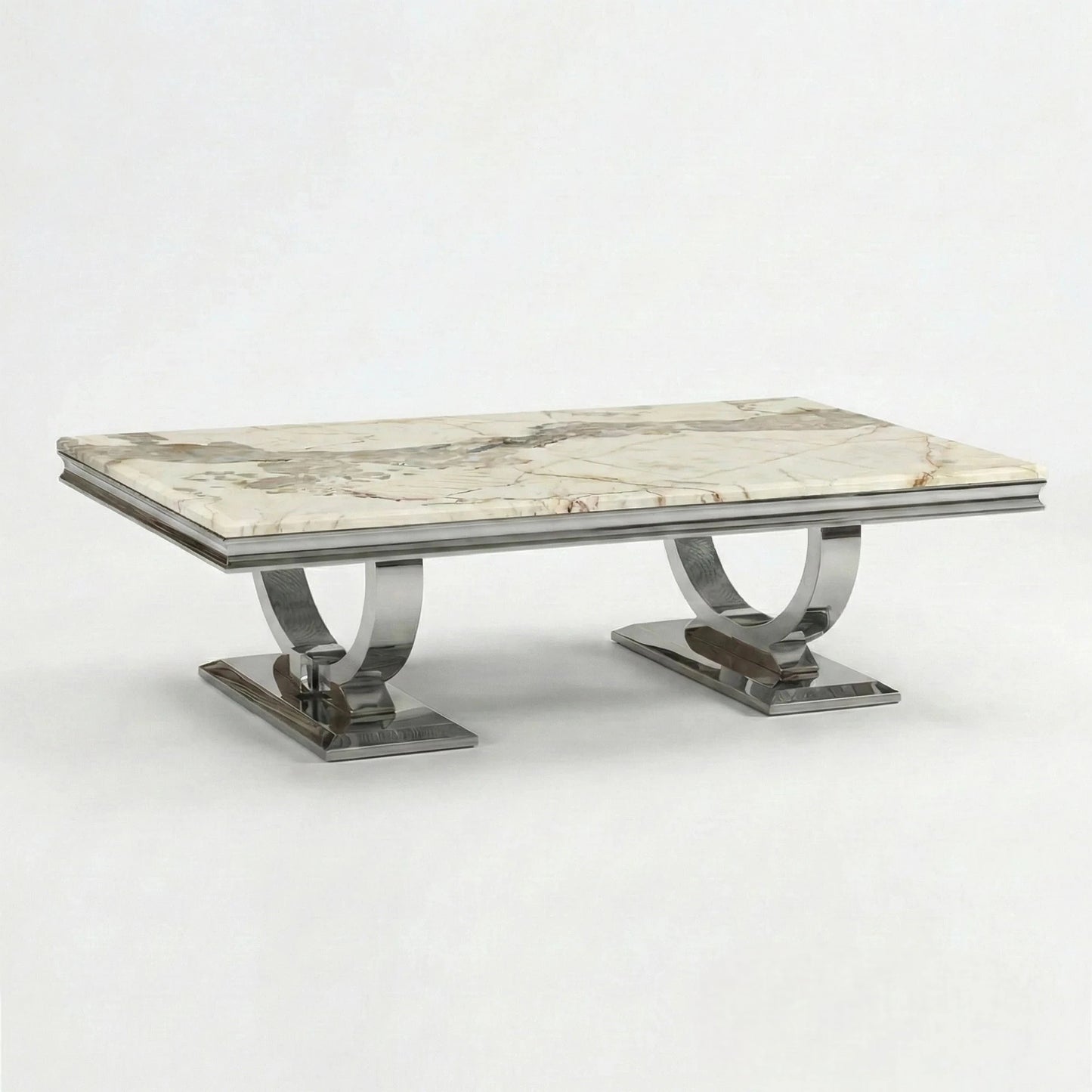 Luxury Orvar 130cm Chrome Coffee Table With Cream/Beige Marble Top And Ring Stand