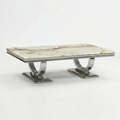 Luxury Orvar 130cm Chrome Coffee Table With Cream/Beige Marble Top And Ring Stand