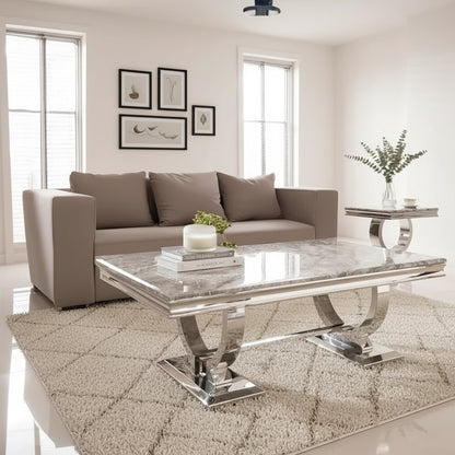 Luxury Orvar 130cm Chrome Coffee Table With Light Grey Marble Top And Ring Stand