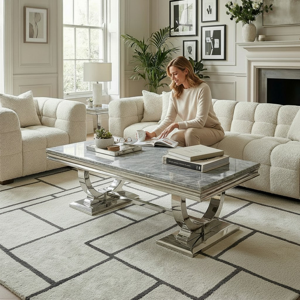Luxury Orvar 130cm Chrome Coffee Table With Light Grey Marble Top And Ring Stand