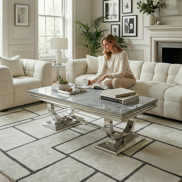 Luxury Orvar 130cm Chrome Coffee Table With Light Grey Marble Top And Ring Stand