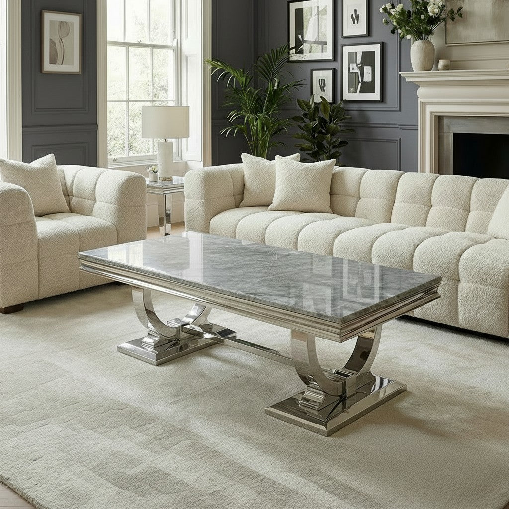 Luxury Orvar 130cm Chrome Coffee Table With Light Grey Marble Top And Ring Stand