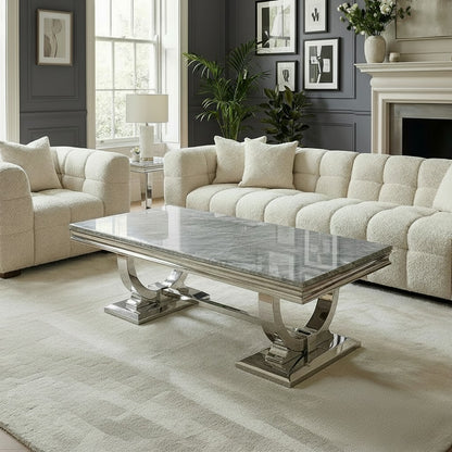 Luxury Orvar 130cm Chrome Coffee Table With Light Grey Marble Top And Ring Stand