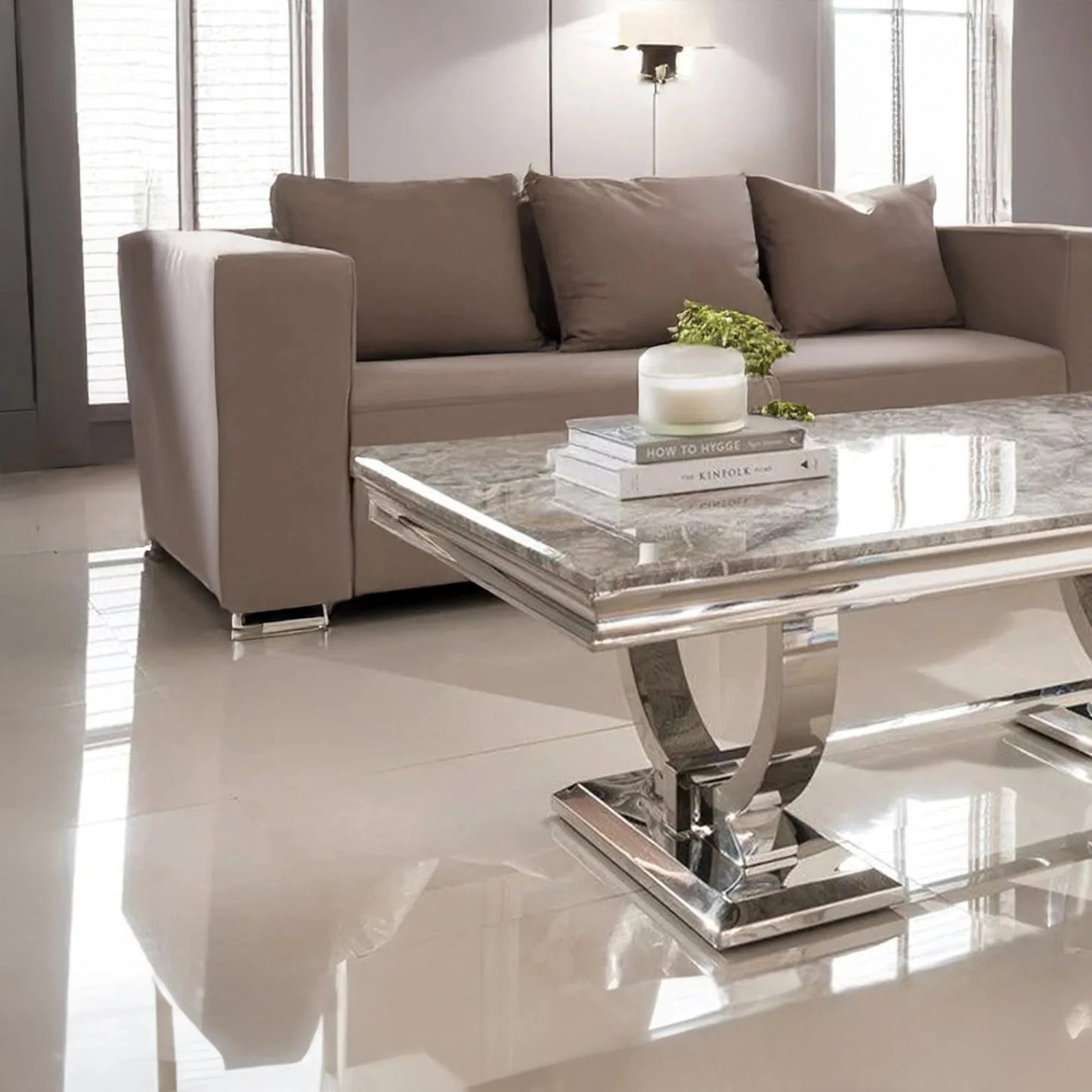 Luxury Orvar 130cm Chrome Coffee Table With Light Grey Marble Top And Ring Stand