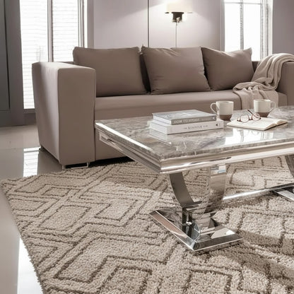 Luxury Orvar 130cm Chrome Coffee Table With Light Grey Marble Top And Ring Stand