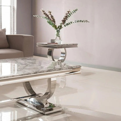 Luxury Orvar 130cm Chrome Coffee Table With Light Grey Marble Top And Ring Stand
