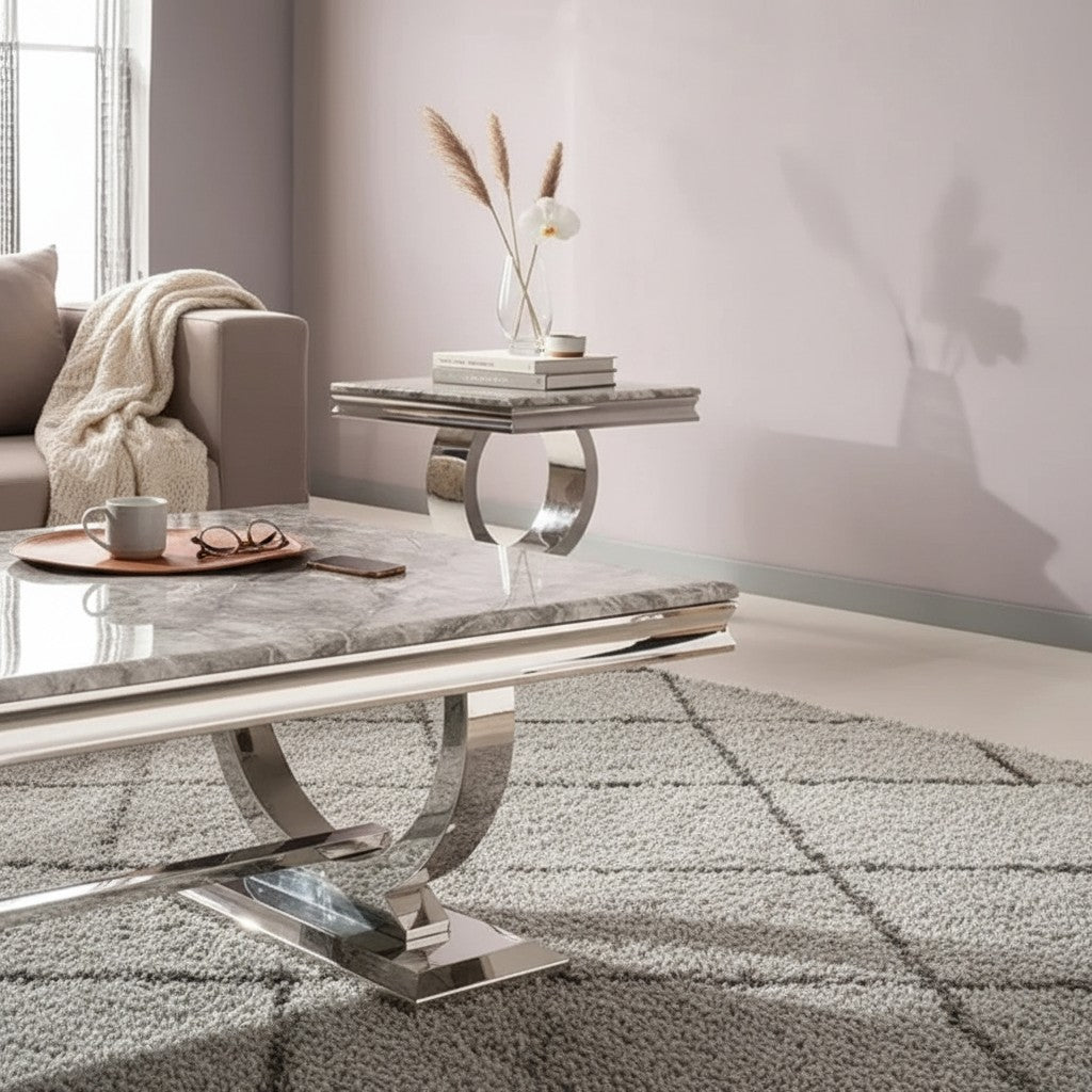 Luxury Orvar 130cm Chrome Coffee Table With Light Grey Marble Top And Ring Stand