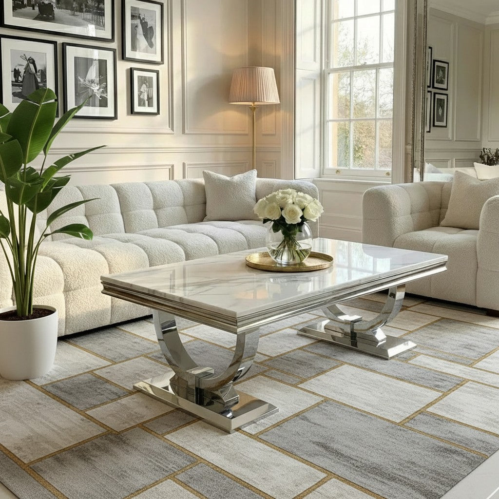 Luxury Orvar 130cm Chrome Coffee Table With White Marble Top And Ring Stand