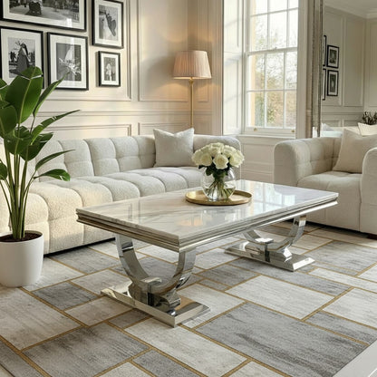 Luxury Orvar 130cm Chrome Coffee Table With White Marble Top And Ring Stand