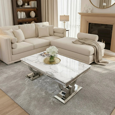 Luxury Orvar 130cm Chrome Coffee Table With White Marble Top And Ring Stand
