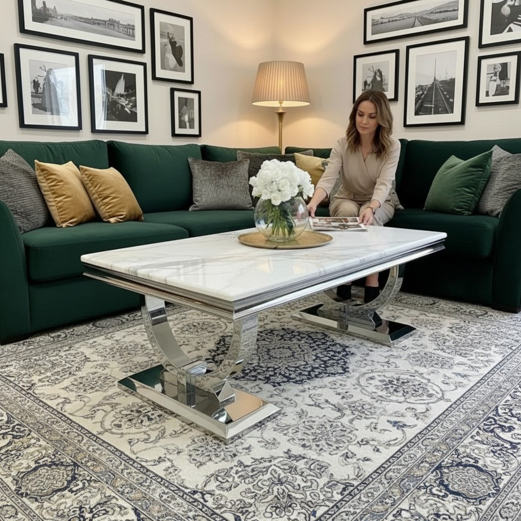 Luxury Orvar 130cm Chrome Coffee Table With White Marble Top And Ring Stand
