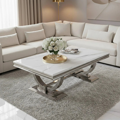 Luxury Orvar 130cm Chrome Coffee Table With White Marble Top And Ring Stand