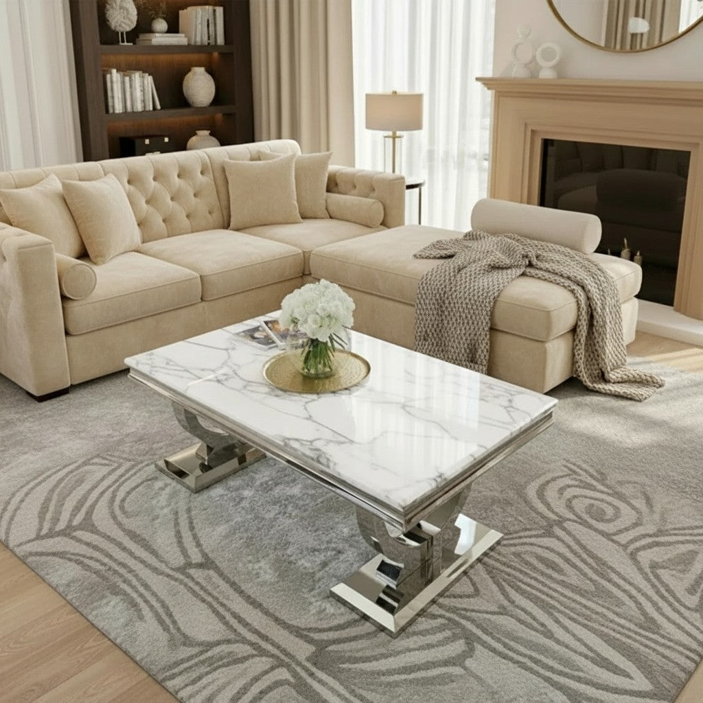 Luxury Orvar 130cm Chrome Coffee Table With White Marble Top And Ring Stand