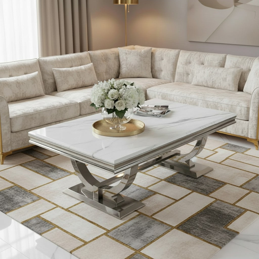 Luxury Orvar 130cm Chrome Coffee Table With White Marble Top And Ring Stand
