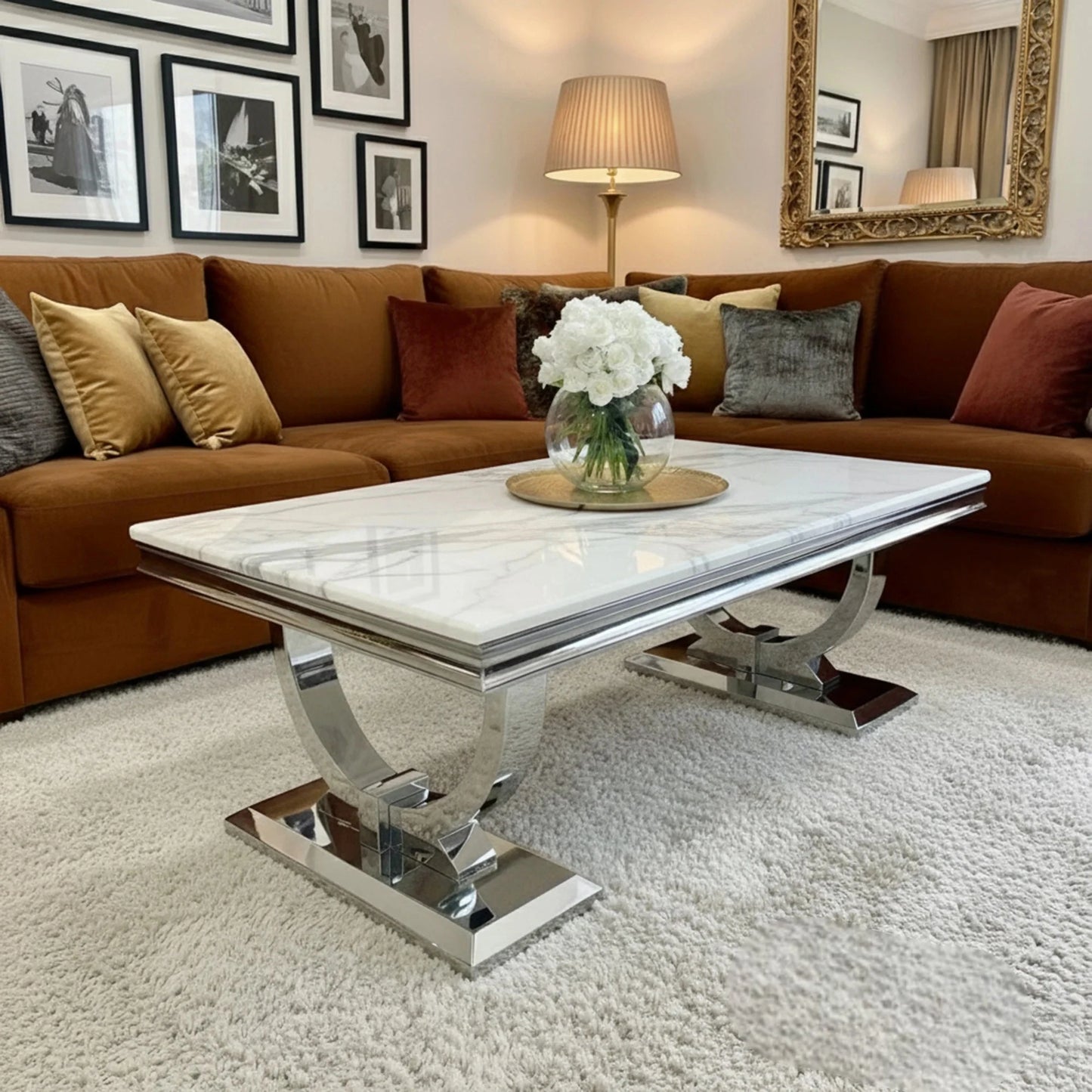 Luxury Orvar 130cm Chrome Coffee Table With White Marble Top And Ring Stand