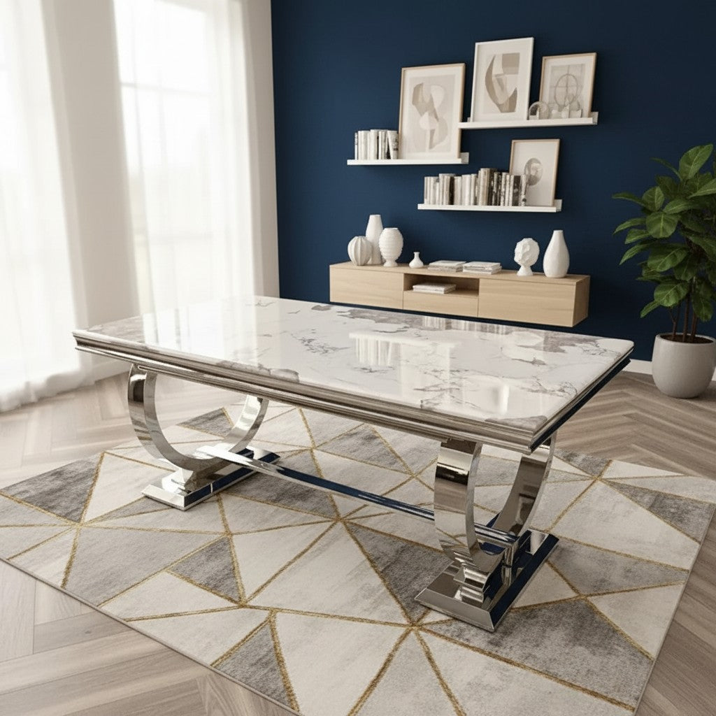 Luxury Orvar 180cm Marble Dining Table With Double Ring Chrome Base