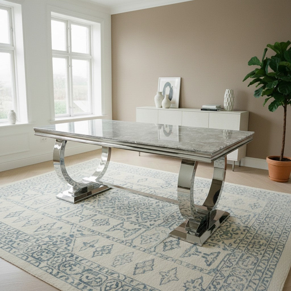 Luxury Orvar 180cm Marble Dining Table With Double Ring Chrome Base