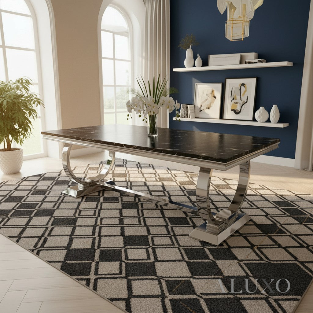 Luxury Orvar 180cm Marble Dining Table With Double Ring Chrome Base