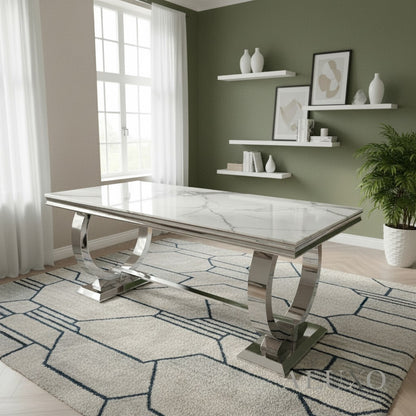 Luxury Orvar 180cm Marble Dining Table With Double Ring Chrome Base