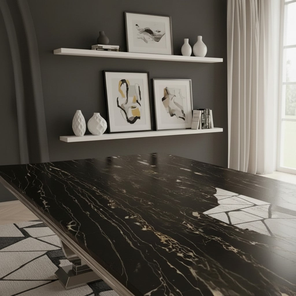 Luxury Orvar 180cm Marble Dining Table With Double Ring Chrome Base