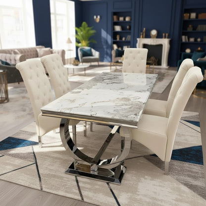 Luxury Orvar 180cm Marble Dining Table With Double Ring Chrome Base