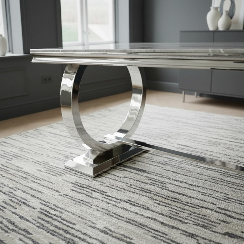 Luxury Orvar 180cm Marble Dining Table With Double Ring Chrome Base