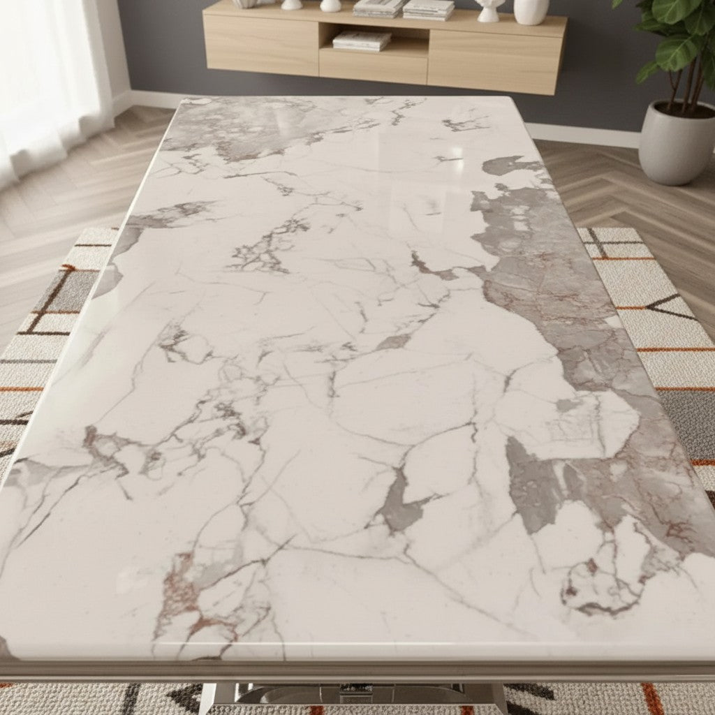 Luxury Orvar 180cm Marble Dining Table With Double Ring Chrome Base
