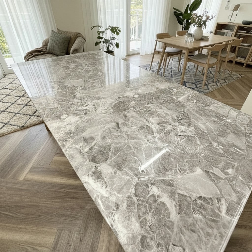 Luxury Orvar 180cm Marble Dining Table With Double Ring Chrome Base