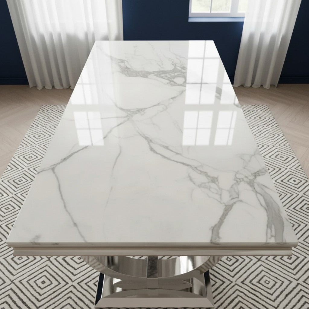 Luxury Orvar 180cm Marble Dining Table With Double Ring Chrome Base