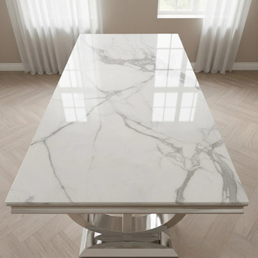 Luxury Orvar 180cm Marble Dining Table With Double Ring Chrome Base