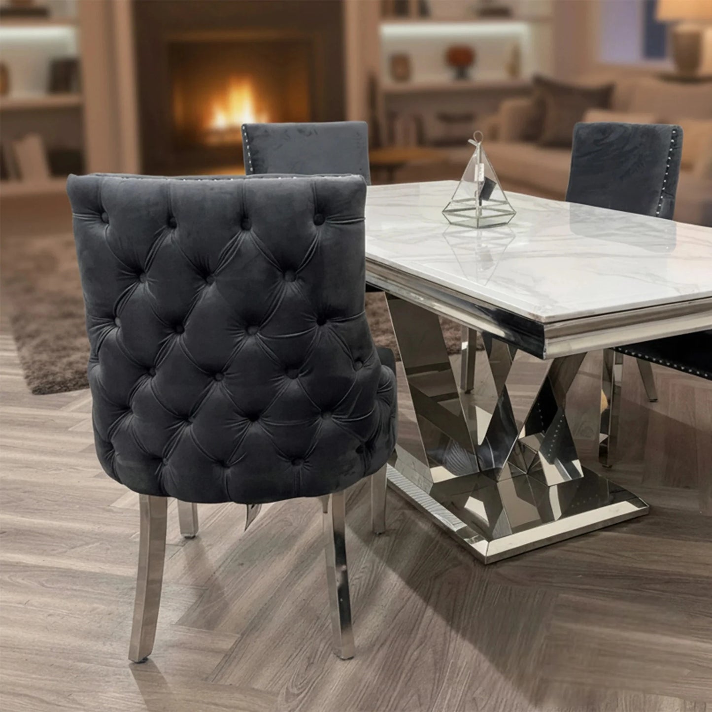 Luxury Oskar Dark Grey Velvet Dining Chair With Deep Button Back And Chrome Legs