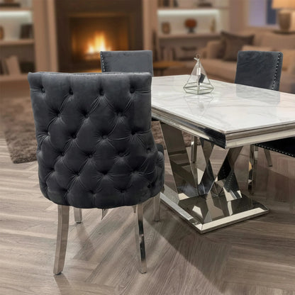Luxury Oskar Dark Grey Velvet Dining Chair With Deep Button Back And Chrome Legs