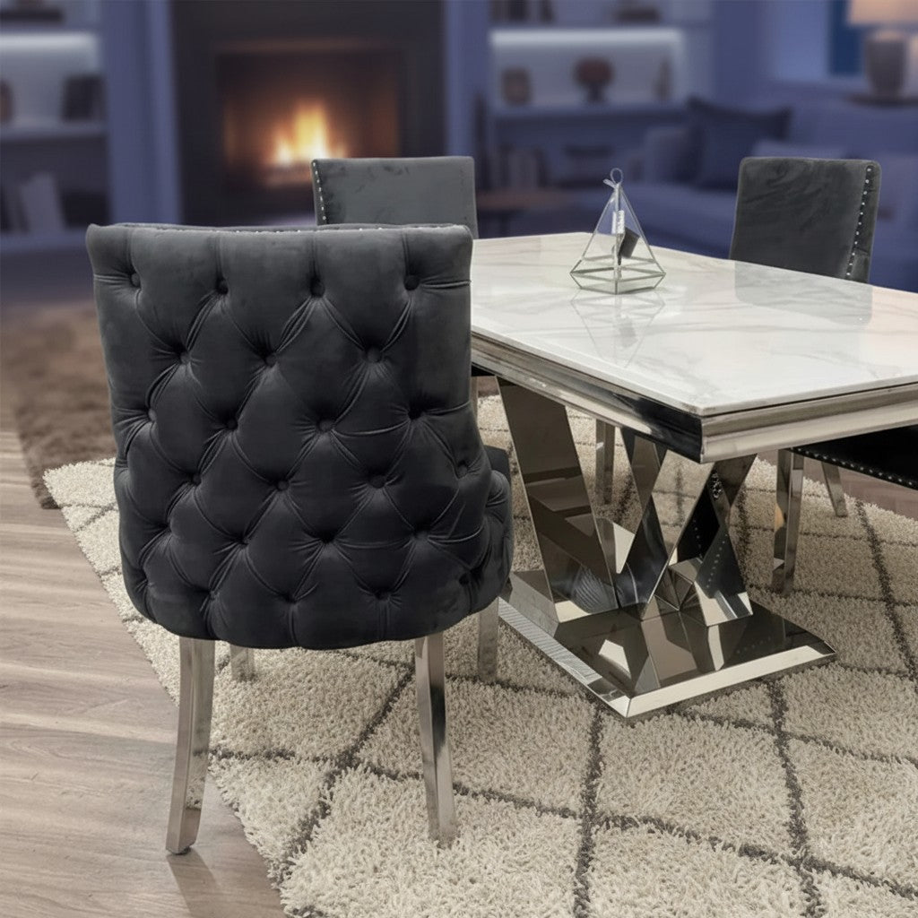 Luxury Oskar Dark Grey Velvet Dining Chair With Deep Button Back And Chrome Legs
