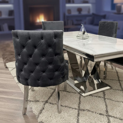 Luxury Oskar Dark Grey Velvet Dining Chair With Deep Button Back And Chrome Legs