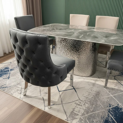 Luxury Oskar Dark Grey Velvet Dining Chair With Deep Button Back And Chrome Legs
