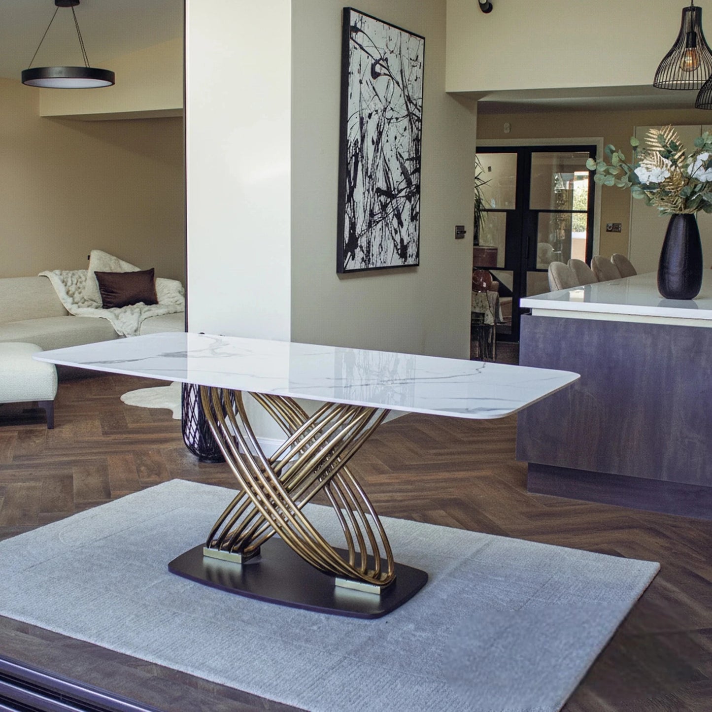 Luxury Ostuni 180cm Slimline Oval-Rectangular Dining Table With Polar White Sintered Stone Top