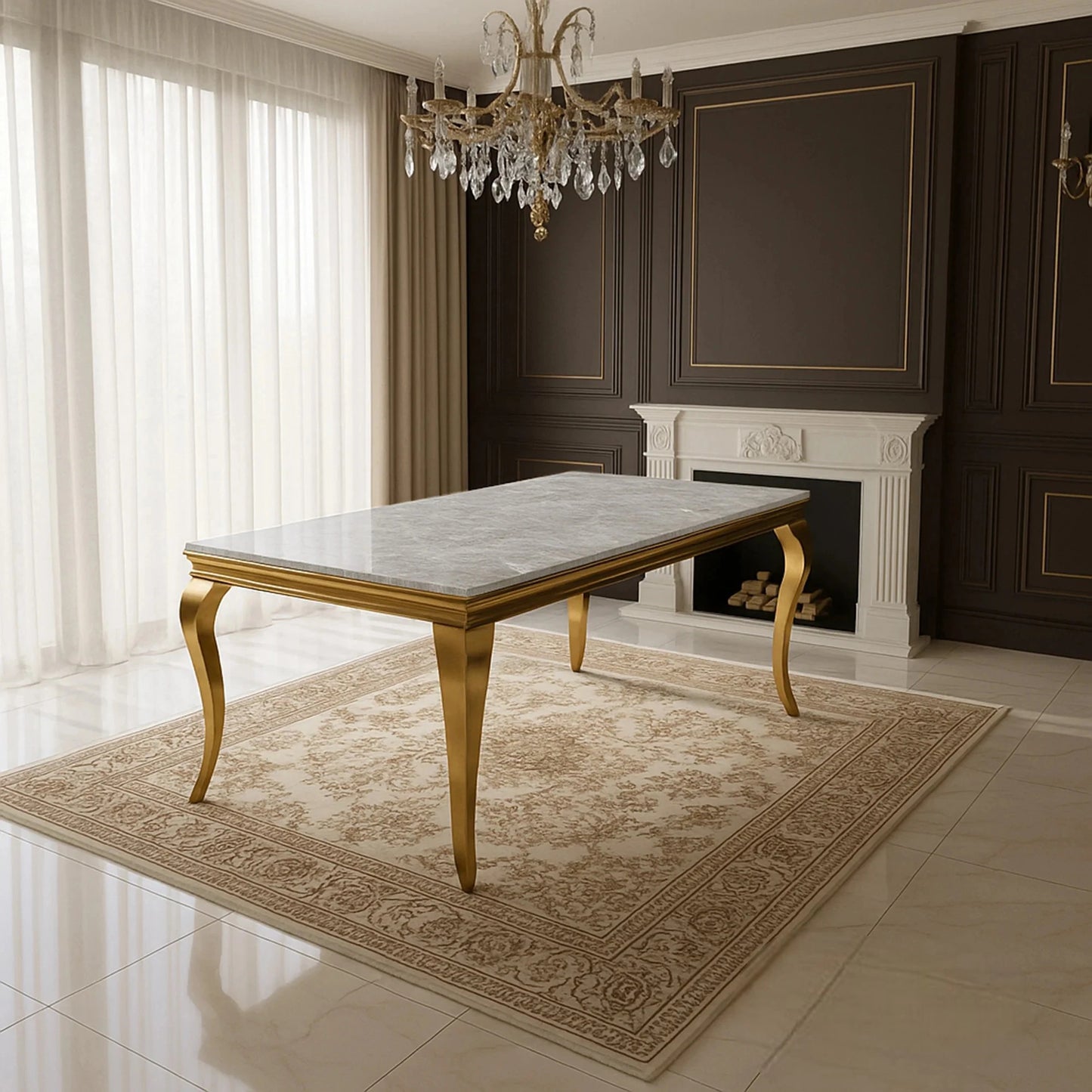 Luxury Lorens Gold 180cm Marble Dining Table With 4-Legs Base