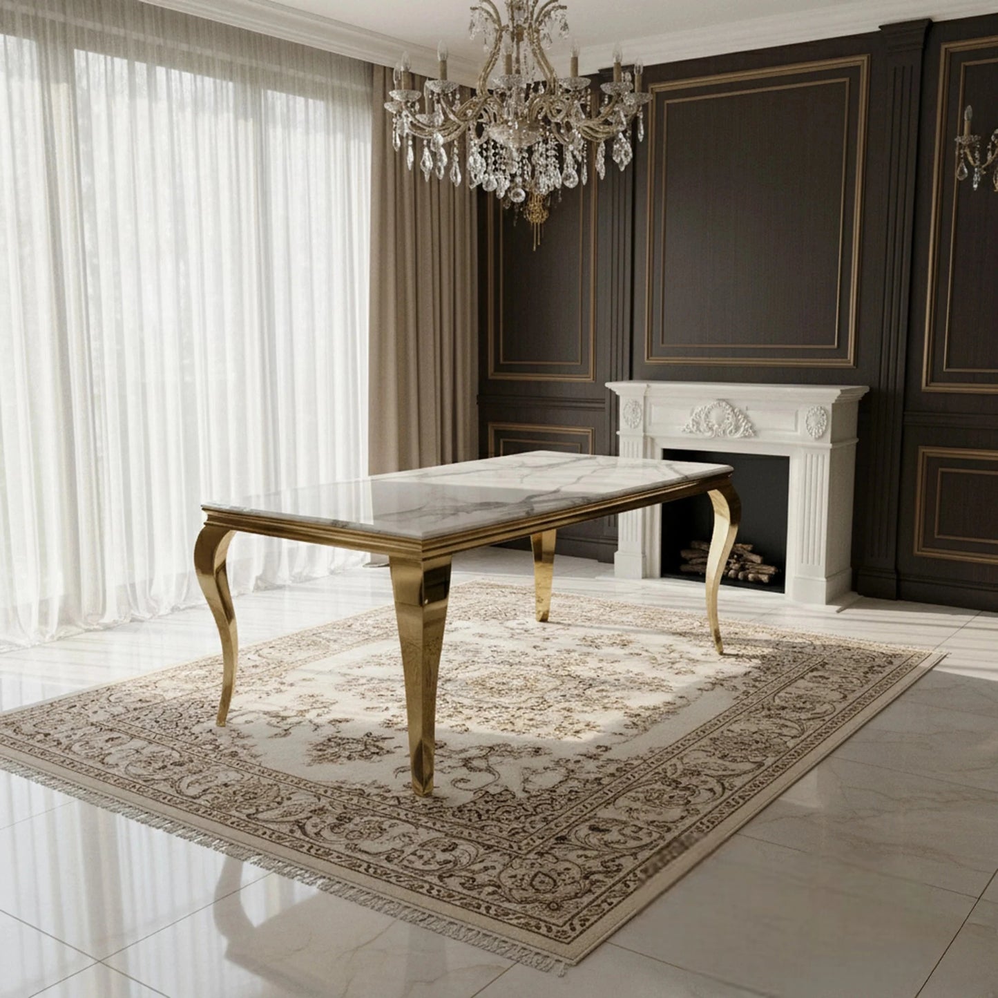 Luxury Lorens Gold 180cm Marble Dining Table With 4-Legs Base