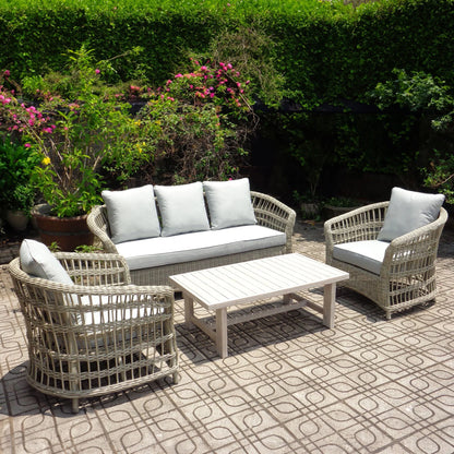 Luxury Palma  3-Seater Outdoor Sofa Set In Beige Rattan Weave With Acacia Wood Table