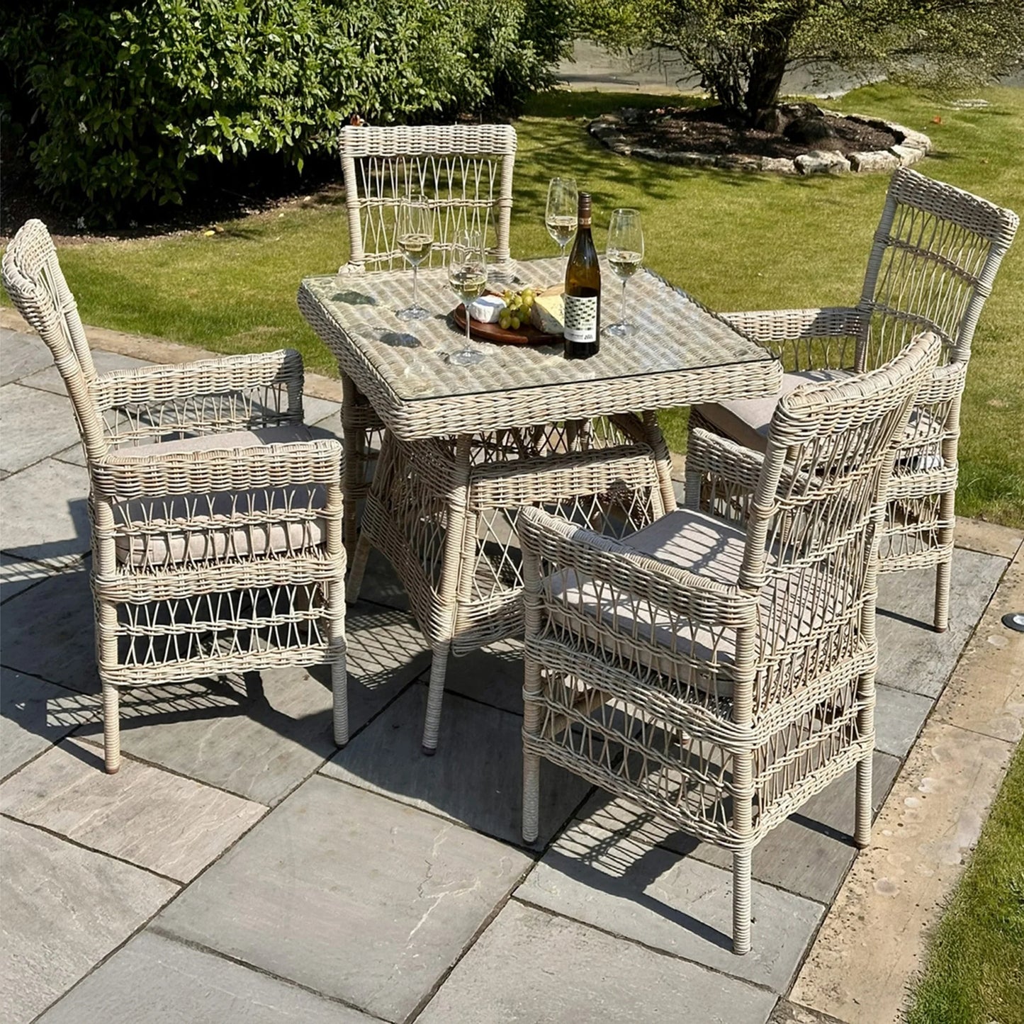 Luxury Provence Outdoor Rattan Dining Set 4 Seater With Glass Top Table And Weather Resistant Cushions