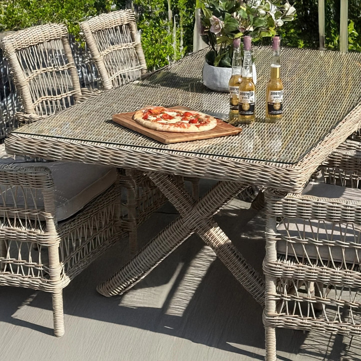 Luxury Provence Outdoor Rattan Dining Set 6 Seater With Glass Top Table And Olefin Cushions