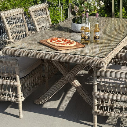 Luxury Provence Outdoor Rattan Dining Set 6 Seater With Glass Top Table And Olefin Cushions