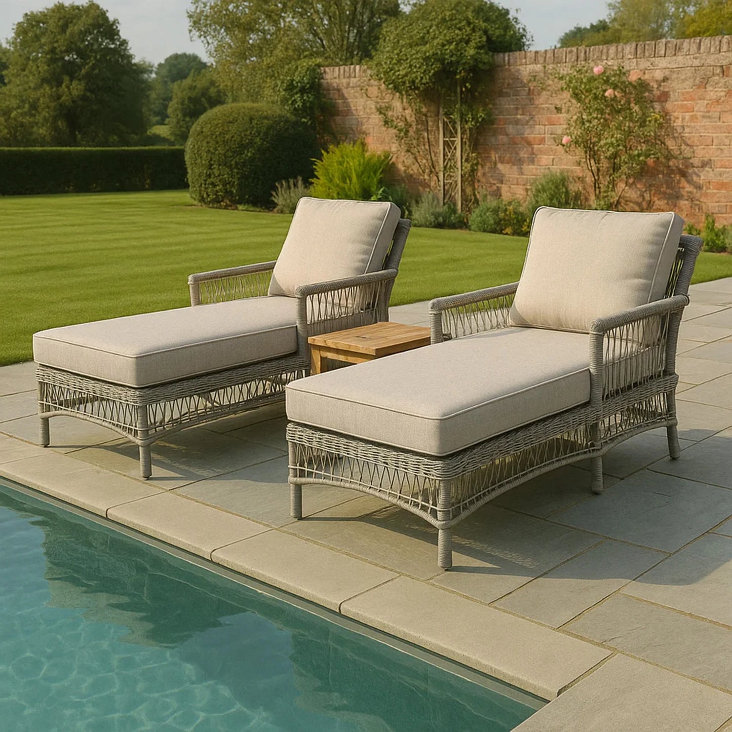 Luxury Provence Outdoor Sun Lounger Set With 2 Rattan Loungers And Acacia Side Table