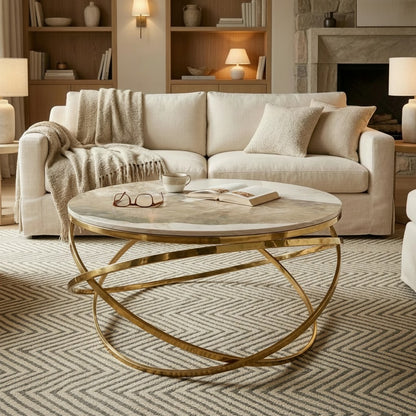 Luxury Stig 80cm Gold Round Coffee Table With Cream Sintered Stone Top