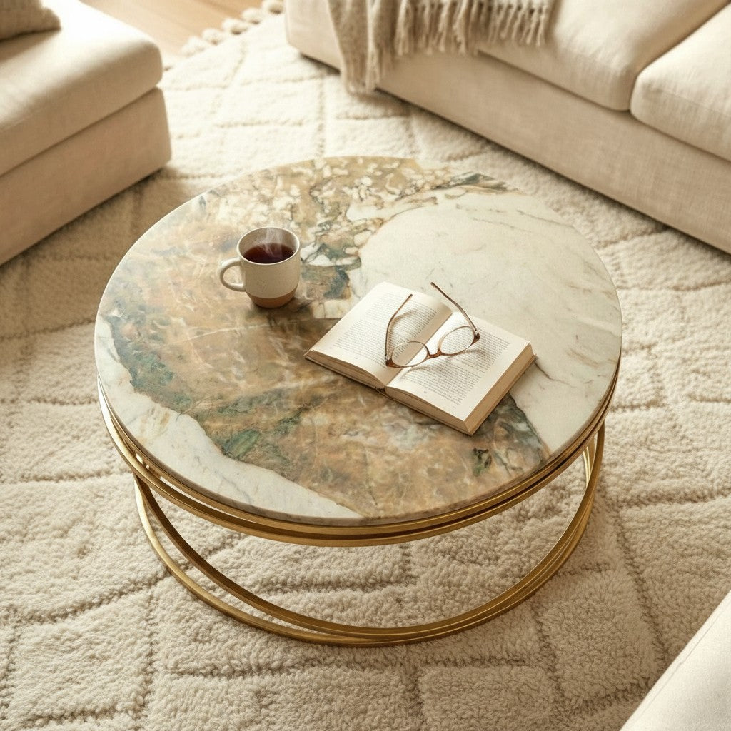 Luxury Stig 80cm Gold Round Coffee Table With Cream Sintered Stone Top