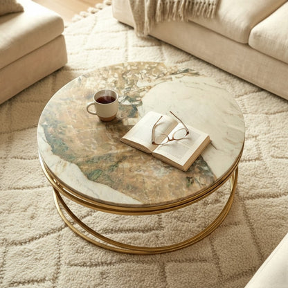 Luxury Stig 80cm Gold Round Coffee Table With Cream Sintered Stone Top
